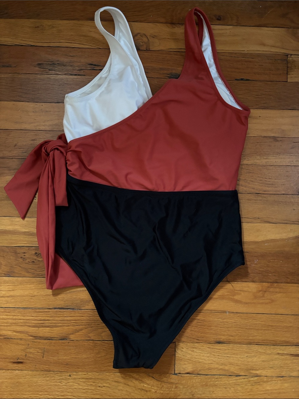 Cupshe Rust Red, Black & White Asymmetric One-Shoulder One-Piece Swimsuit